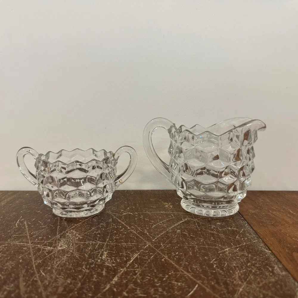 Vintage Clear‎ Glass Creamer & Sugar Set Cubist Pattern Serving Set